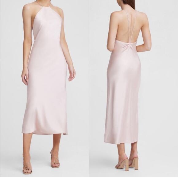 Significant Other Vienna High Neck Open Strap Back Satin Midi Dress Blush 10 - Picture 3 of 9